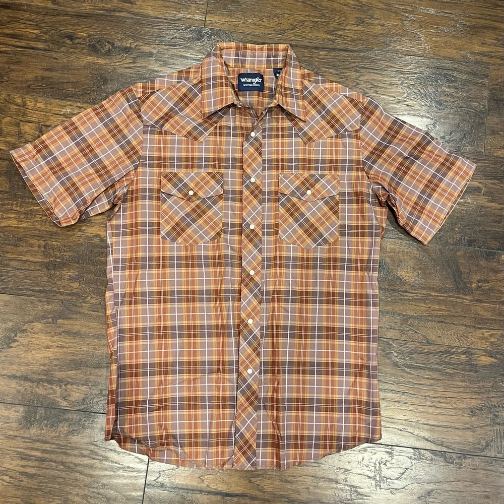 Wrangler Men's Orange and Brown Plaid Shirt